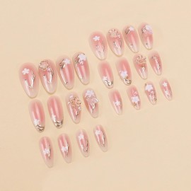 MERVF Almond Press on Nails Medium Fake Nails Flower 3D Design Pink Gradient Glue ons Gold Stiletto Acrylic Spring False Nails for Women Glossy 24pcs