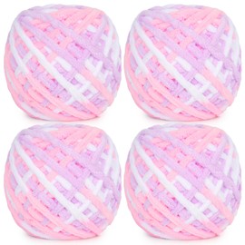 Aeelike Chunky Yarn for Crochet - 4 x 100g Soft Multi Coloured Crochet Yarn - Thick Chunky Wool for Knitting Blankets, Sweaters, Bags & Plush Projects - Pink Purple and White Fluffy Ombre Yarn