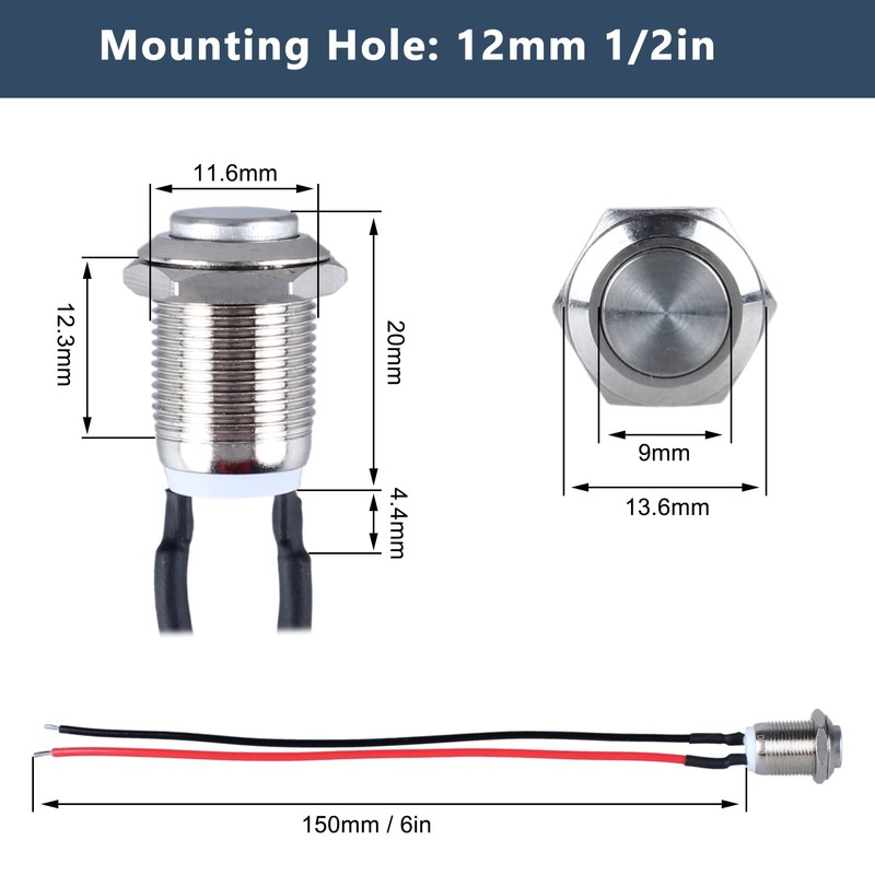 DMWD 2-Pack 12mm Momentary Metal Waterproof Push Button Switch Raised