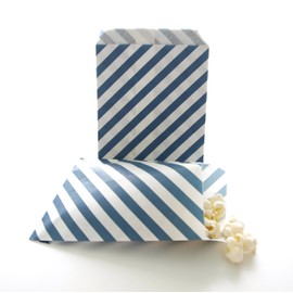 Food With Fashion Dark Teal Blue Paper Bags, Striped Treat Bags, Party Favor Gift Bags, Graduation Goody Bags, Dark Teal Blue Stripe Bags (25 Pack)