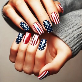 American Flag Press on Nails Medium Square Acrylic Full Cover False Nails Glossy Fourth of July Fake Nails 24Pcs 4th of July Stick on Nails Independence Day Gel Glue on Nails for Holiday Manicure Art
