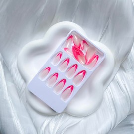 French Tip Press on Nails Medium Almond Fake Nails White Tip Nude Pink Glossy Acrylic False Nails Kit for Women Girls Artificial Nails 24 Pcs