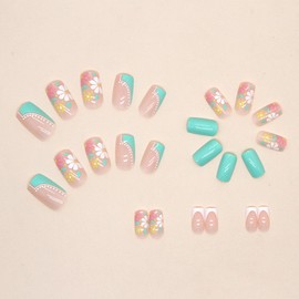 Light Green French Tip Press on Nails Short Square Fake Nails with Colorful Flower Design Cute Glossy Glue on Nails Acrylic Spring Summer Fake Nails Reusable Stick on Nails for Women Daily Wear 24Pcs