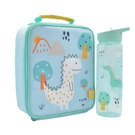Kichna Kids Doodle Dino Insulated Lunch Bag and Water Bottle Set Childrens Cooler Bag and Water Bottle with Flip Up Spout Straw