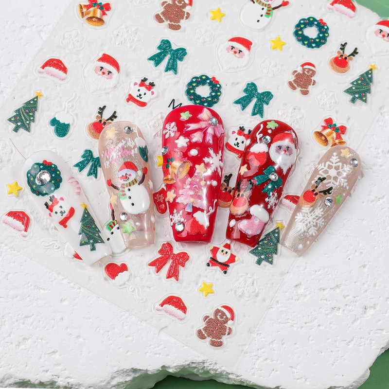 Christmas Nail Art Stickers 3 Sheets 5D Embossed Self Adhesive