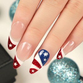 24Pcs Independence Day French Press on Nails, 4th of July Themed Medium Almond Fake Nails with Star Design, Full Coverage Acrylic Nail Set for Women Holiday Red Blue Manicure Supplies