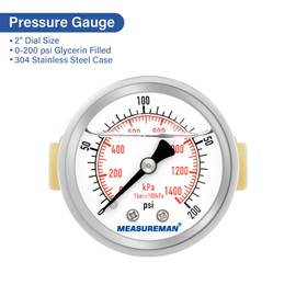 MEASUREMAN Push to Connect Pressure Gauge 0-200Psi Stainless Steel Vibration Proof, 2" Dial Size, with 1/2 Inch Push Fit Plumbing Tee