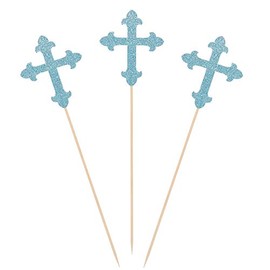 Blue Glitter Cross Centerpiece Sticks for Baptism Christening Party Decorations - Set of 10