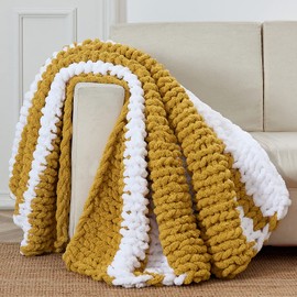 Longhui Bedding Handmade Chunky Knit Blankets, Luxurious Chenille Cable Knit Throw Blanket Yarn for Couch Sofa and Bed, Ultra Soft Decorative Mustard Yellow Christmas Blanket, Machine Washable 51 x 63
