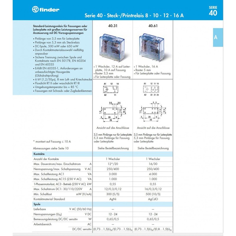 finder 40.52.7.024.0000 Print Relay 24 V/DC 8A 2 Changer Pack
