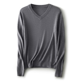 Ciovkis Women's Merino Wool Blend Sweater Fall Winter V Neck Long Sleeve First-Line Ready to Wear Seamless Knit Sweater (Grey,L)