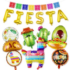 11 Pcs Mexican Fiesta Party Decorations, 1 Pcs Mexican Party Banners and 10 Pcs Fiesta Balloons, Cinco de Mayo Taco Llama Cactus Avocado Chili Pepper Foil Balloons for Cinco de Mayo Decorations