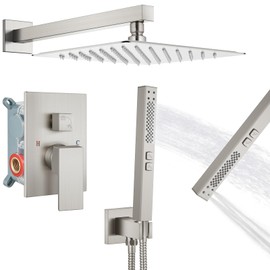 GBBNE Shower Faucet Set Rainfall Shower System with Square Showerhead and Handle Set Fixture with 2 in 1 Function Handheld Sprayer Wall Mounted Trim Repair Kit Rough-in Valve 10 Inch Brushed Nickel