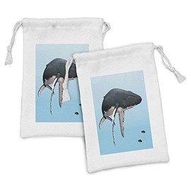 Lunarable Whale Fabric Pouch Set of 2, Giant Humpback Whale Swimming with Little Fishes Marine Aquatic Scenery, Small Drawstring Bag for Toiletries Masks and Favors, 9" x 6", Dark Blue Grey Pale Blue