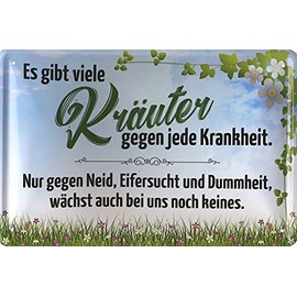 Geschenkeparadies 24 Tin Sign with German language text: Es gibt viele Kräuter gegen Jede Krankheit. English translation: There are many herbs against every illness.
