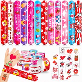 Cherisnowy 144 Valentine 72PCS Valentine Temporary Tattoos Sticker 72PCS Slap Bracelets Perfect for Themed Birthday Baby Showers or Classroom Rewards Ideal Decor and Gifts for Girls and Boys