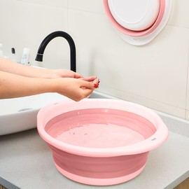 Tombyd Outdoor Foldable Round Washing Bowl, Round Washing Bowl, Space-Saving Plastic Washing Tub, Washing Tray for Travel, Camping and Home Kitchen (2 Pink)