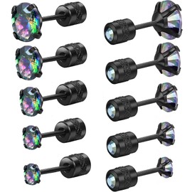 KWUNCCI Titanium Earrings for Sensitive Ears, Flat Back Stud Earrings for Women Men, CZ Silver Gold Black Screw Back Stud Earrings, Hypoallergenic Surgical Steel Cartilage Earrings Set, Stainless