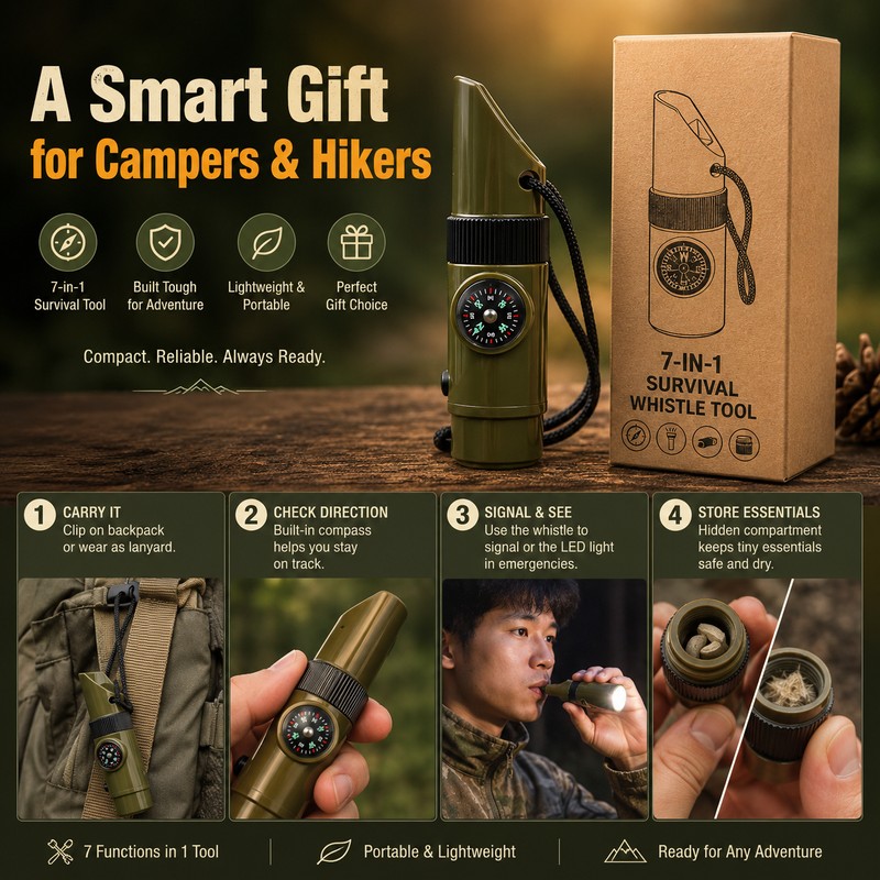 7-in-1 Survival Whistle Tool for Camping – Compact Compass, LED