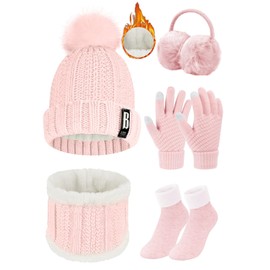 Voqeen Winter Hat Scarf Gloves Set Women's Fleece Lining Knitted Hat with Pompom Touchscreen Gloves Soft Warmer Winter Earmuffs Socks Gifts 5 Sets for Women, pink