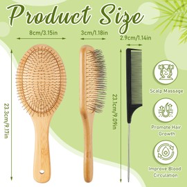 Tessco for you 2 Pcs Bamboo Hair Brush with Steel Bristles and Rat Tail Comb Set for Hair Smoothing Scalp Massage, Detangle Anti Static Wooden Paddle Hairbrush Engraving DIY Gift for Women Men