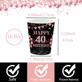 16 Pieces Paper Cups 40th Birthday, Disposable Cups, Birthday, Black, Rose Gold Paper Cups, 235 ml, Paper Drinking Cups for Party, Birthday, Happy 40th Birthday Drinking Cups, Paper Set for 40th