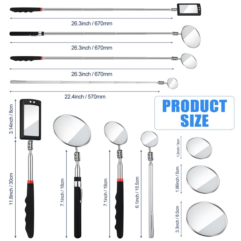 4 Pieces Telescoping Inspection Mirror Telescoping LED Lighted Flexible Inspection