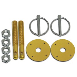 CFR Performance 2x Gold Aluminum Hood Pin Kit 1/4" Flip Over Ring 1/2 x 4" Steel Pin Scuff Plate