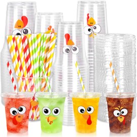 FYSUIMU 100Pcs 12Oz Fall Thanksgiving Plastic Cups with Lids and Straws Funny Cartoon Turkey Expression Cold Beverage Drinking Cups for Autumn Harvest Party Supplies