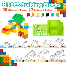WYSWYG Classic Big Building Block Set, Large 81 Pieces Building Bricks and 2 Base Plates, Compatible with All Major Brand Bulk Bricks, Toddler STEM Toys for Boys Girls Age 3 4 5 6 Years Old