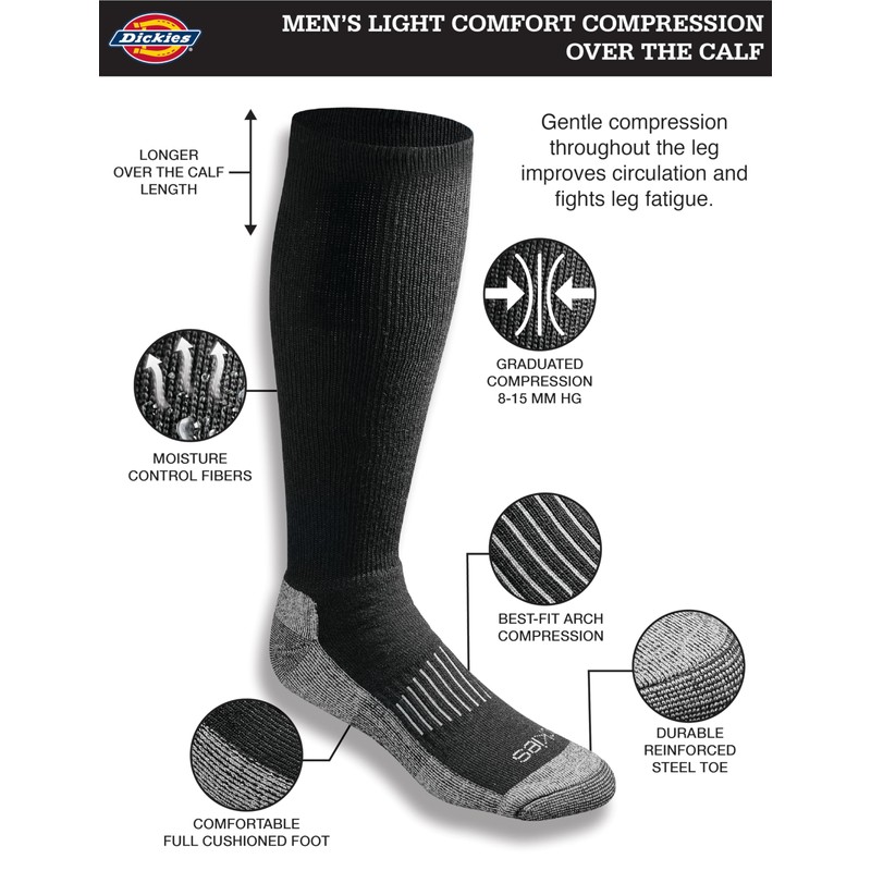 Dickies Men's Light Comfort Compression Over-The-Calf Socks, Black (2 Pairs),