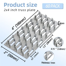 60 Pack 4"x2" Pronged Truss Plates with 8mm Nail Teeth, Galvanized Steel Flat Mending Plates Repair Tie Plate Bracket Thickness 1mm, for Timber Roofing Wood Truss Connector Plate