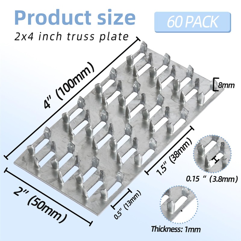 60 Pack 4"x2" Pronged Truss Plates with 8mm Nail Teeth,