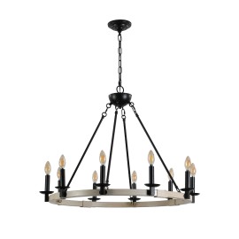 32" Rustic Farmhouse 10-Light Candle Chandelier, Black Metal and Wood Round Hanging Light Fixture for Dining Room (No Bulbs)Design Style: Modern, Lamp Power(W): 15, Product Size: 80x80x160cm
