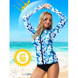 UPF 50+ Rash Guard for Women Full Zip Swimming Top Lightweight Quick Dry Thumb Hole Rashguard S Tie Dye Blue