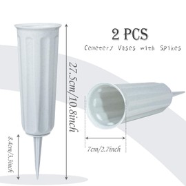 Pack of 2 Grave Vases with Spikes, Plastic Flower Holder for Cemetery, Flower Vase, Grave Decorations for Cemetery, Tombstone, Grave Side (Grey)