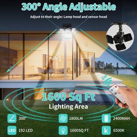 flintronic Solar Security Lights, 192LED+1800LM Solar Flood Lights with Outdoor Motion Sensor, IP65 Waterproof, 360° Adjustable 4 Heads, Solar Wall Lights with Remote Control for Yard Garage Pathway