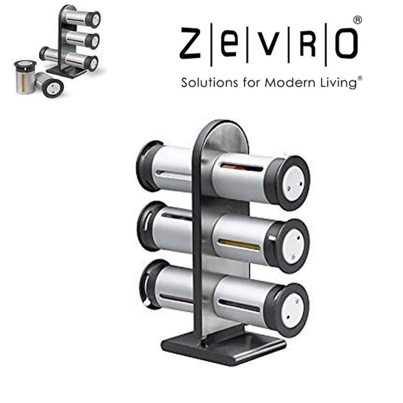 Zevro Powder Coated Metal Magnetic Spice Stand 6 Canisters, Silver/