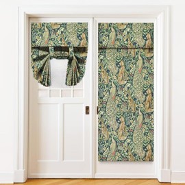 William Morris Floral Animal Door Curtain for French Glass Door, Vintage Boho Flower Birds Rabbit Tie up Small Curtain, 26x40in one Panel