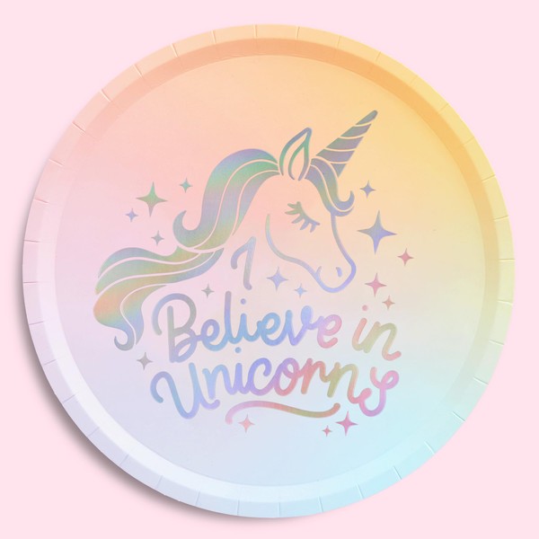 xo, Fetti Unicorn Paper Plates - 24 pk, 9" | Unicorn Birthday Party Supplies, Oh Happy Day Baby Shower, Magical Party Favors