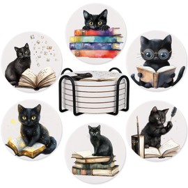 6Pcs Book Cat Coasters with Holder, Funny Ceramic Coaster for Bookworms