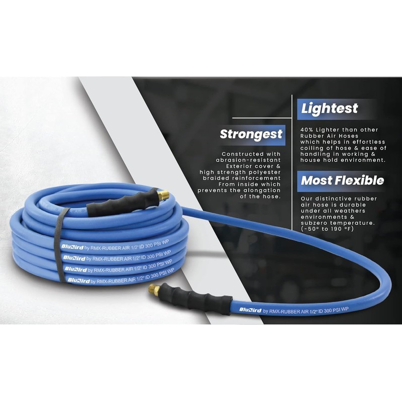 BLUBIRD 1/4" x 50ft Rubber Air Hose, High-Performance Pneumatic Hose
