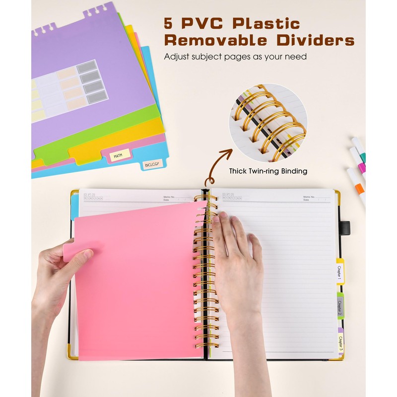 Hardcover Spiral Notebook journal with Removable Dividers Tabs, 300 Pages