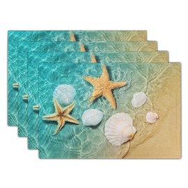 Seashell Starfish Placemats Set of 4 Washable Linen Beach Place Mats 12x18inch Ocean Blue Table Mats for Dining Table Farmhouse Kitchen Decor