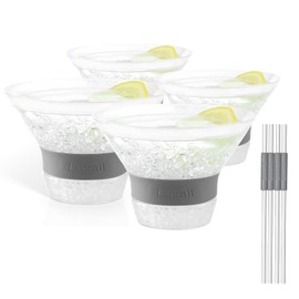 luxail Martini Glasses, Plastic Reusable Insulated Freeze Martini Cups, Gel Chiller, Double Wall Stemless Martini Glasses Set of 4, Grey, 9 Oz Capacity, Martini Gifts, 4 Reusable Cocktail Straws