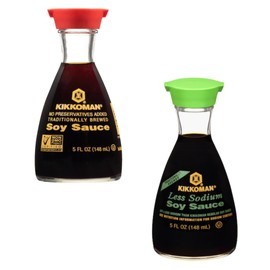 Kikkoman Soy Sauce Variety Pack, One Regular and One Low Sodium, Dispenser Bottles, Use on Variety of Foods and No Preservatives (Pack of 2)