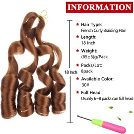 Xtrend 8 Packs French Curl Braiding Hair 18 Inch Pre Stretched Curly Braiding Hair Synthetic Hair Extensions for Women Yaki Texture Bouncy French Loose Wavy Curly Braiding Hair (18 Inches, 30#)