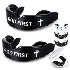 Yaomiao 2 Pcs Cross Football Mouth Guards Christian Teeth Armor Sport Game Guard & Case Religious Mouth Guard Baseball Wrestling Lacrosse Basketball Rugby Boxing Taekwondo(Black & God,Adult)