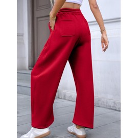 ELLEVEN Wide Leg Sweatpants Fleece Lined Barrel Leg Baggy Joggers Lounge Winter Palazzo Harem Pants Grey Drawstring Pockets Low Waisted Warm Cotton Workout Red X-Large
