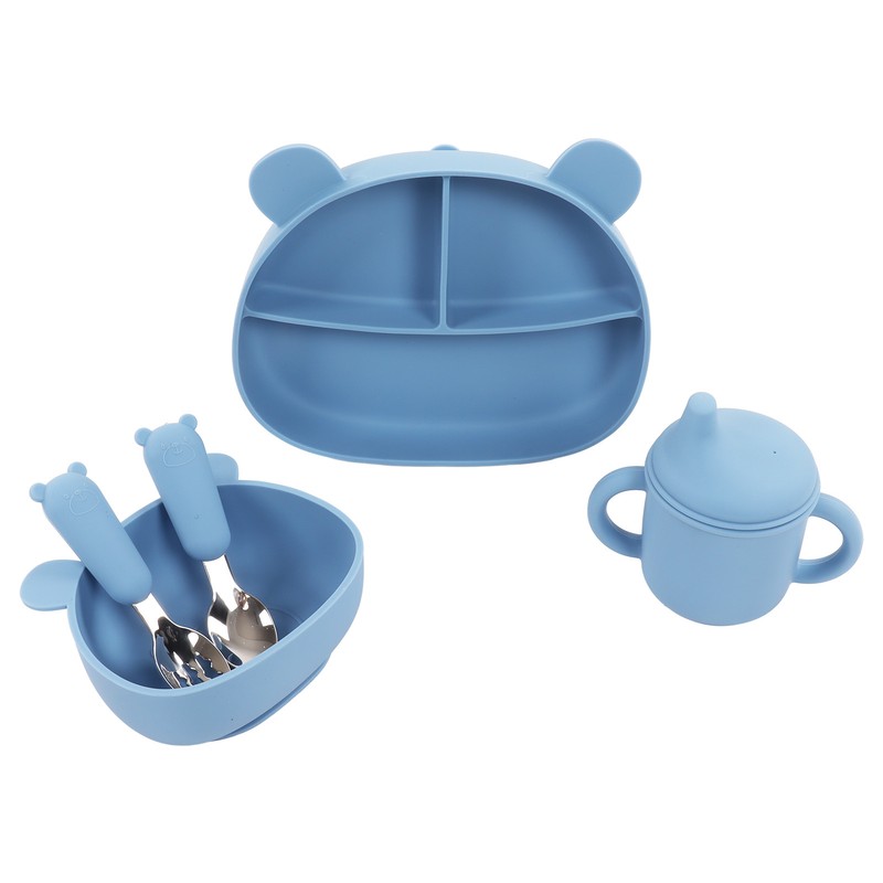 5pcs Baby Feeding Kit Food Grade Silicone Bear Design Plate